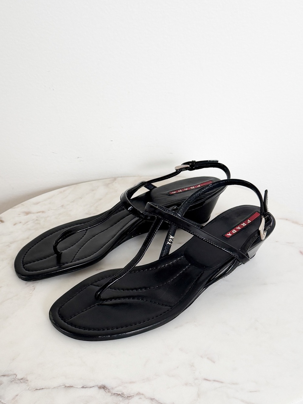 Prada Black Patent Leather Wedge Thong Sandals Size 9.5 US 39.5 IT - Picture 4 of 7
